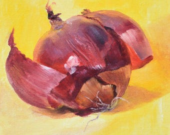 Kitchen Art Decor Realistic Fine Art Red Onion On Yellow Small Size 8 by 8 Inches Unframed Artwork Oil On Cardboard Painting Gift Idea