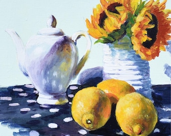Original Oil On Board Contemporary Still Life Yellow Limes And Sunflowers  Small Size 8 By 10 Inches Unframed Colorful Fine Art Kitchen Deco