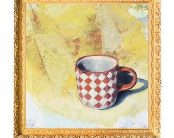 Red Pattern Cup Original Oil On Canvas Artwork Medium Size 12 By 12 in  Unframed Ready for Hang Classical Contemporary Still life Fine Art