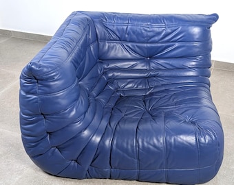 Michel Ducaroy Togo Corner Sofa, Blue Leather, Ligne Roset 1980 French Mid Century Couch