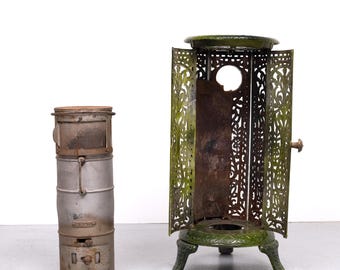 19th Century French Green Enameled Cast Iron Heater Stove, Antique Decorative Fireplace accessory
