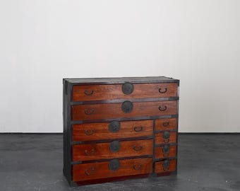 Antique Japanese Tansu Chest, Edo Period Wabi Sabi Cabinet, Solid Wood Drawers