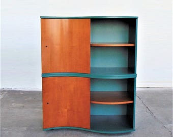 Sormani Bookcase Roche Bobois 1990 Green Lacquer Cherry Wood Italian Modern Storage Cabinet