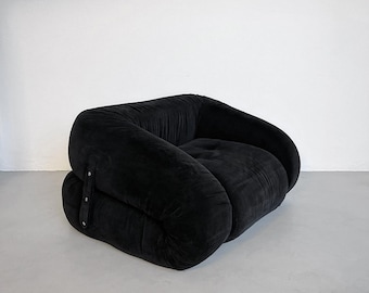 Vintage Black Velvet Anfibio Sofa Bed, Italian Space Age Lounge Chair