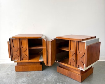 Brutalist Brasilia Style Nightstands, Mid Century Modern Bedside Tables, Sculpted Wood Vintage Nightstands Set
