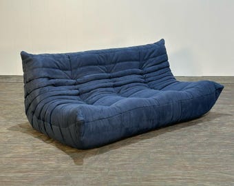 Michel Ducaroy Togo Sofa, Blue Velvet, French Mid Century Modern Lounge Couch