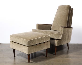 Mid Century Walnut Lounge Chair Ottoman, Smoked Taupe Mohair Armchair Set