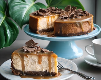 Puede incluir: Una porción de pastel de queso cubierta con trozos de chocolate y salsa de caramelo, en un plato blanco con un tenedor. El pastel de queso está en un soporte para pasteles azul con un pastel de queso entero en el fondo.