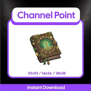 Op de afbeelding: Een geïllustreerd boek met een houten kaft, versierd met een gloeiend groen boomontwerp en runen. Het boek is versierd met groene edelstenen en bladeren. De tekst "Channel Point" wordt boven het boek weergegeven.