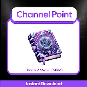 May include: A digital illustration of a purple book with a crystal ball on the cover. The book has ornate silver accents and a purple ribbon bookmark. The text "Channel Point" is at the top.