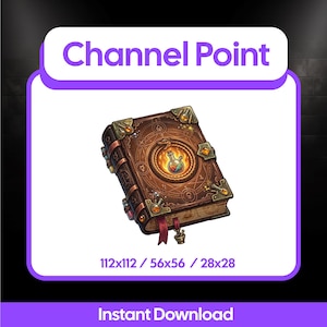 Może przedstawiać: Ilustracja książki fantasy z świecącą butelką z eliksirem na okładce. Książka jest brązowa ze złotymi akcentami i czerwoną wstążką. Tekst "Channel Point" znajduje się na górze, a "Instant Download" na dole.