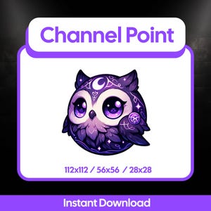 May include: A digital graphic of a purple owl with large, expressive eyes and a crescent moon design. The text "Channel Point" is at the top, and "Instant Download" is at the bottom. The image includes size dimensions.