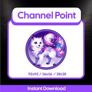 Op de afbeelding: Een digitale illustratie van een witte vos met paarse ogen en een pluizige staart. De vos staat in een paarse cirkel, met een achtergrond van sterren en sterrenstelsels. De tekst "Channel Point" staat bovenaan.