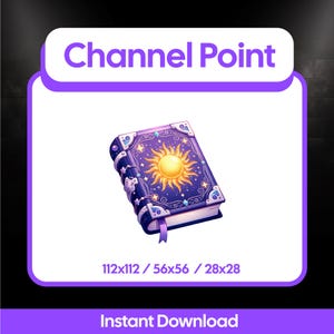 May include: A digital illustration of a fantasy book with a sun design on the cover. The book is purple with gold accents and a purple ribbon bookmark. The text "Channel Point" is at the top.