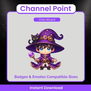 Puede incluir: Gráfico digital de un chibi mago con un gato negro en su sombrero. El mago lleva una túnica y un sombrero morados con detalles dorados, sosteniendo un orbe morado. El texto incluye "Channel Point", "Chibi Wizard", "Badges & Emotes Compatible Sizes" y "Instant Download".