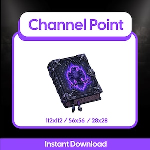May include: A digital illustration of a dark fantasy book with a raven and skull design. The book is black with silver accents and a purple glowing raven in the center. The text "Channel Point" is at the top.