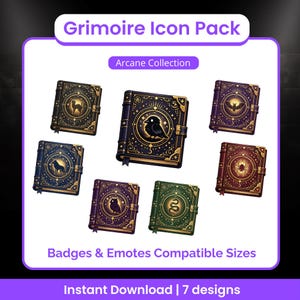 Op de afbeelding: Een verzameling van zeven digitale grimoire-iconen met gouden en donkere covers. Elk boek heeft een ander mystiek symbool, waaronder een kat, wolf, raaf, vleermuis, spin en slang. De tekst "Grimoire Icon Pack" en "Arcane Collection" zijn zichtbaar.