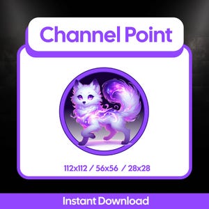 May include: A digital illustration of a white fox with purple eyes and a fluffy tail, set within a purple circle. The fox is adorned with glowing purple and pink accents. The image is framed by a white and purple border with the text "Channel Point" at the top and "Instant Download" at the bottom.