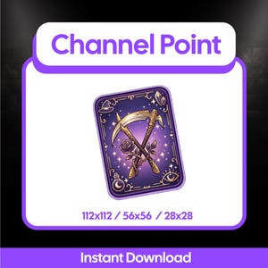 Op de afbeelding: Een digitale downloadafbeelding met een tarotkaartontwerp. De kaart heeft een paarse achtergrond met gouden accenten, gekruiste zeisen, een roos en sterren. De tekst "Channel Point" staat bovenaan en "Instant Download" onderaan.