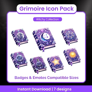 Op de afbeelding: Een verzameling van zeven digitale grimoire-iconen met paarse covers, met verschillende hemelse en mystieke ontwerpen. De tekst "Grimoire Icon Pack" en "Witchy Collection" worden weergegeven. De tekst "Badges & Emotes Compatible Sizes" en "Instant Download | 7 designs" zijn ook aanwezig.