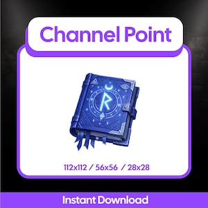 Peut inclure: Un livre bleu fantastique avec le texte "Channel Point" en haut. Le livre présente un motif de rune brillant sur la couverture et une fermeture à sangle. Les dimensions sont indiquées comme 112x112, 56x56 et 28x28.