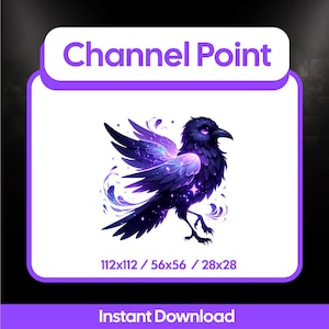 May include: A digital art print featuring a stylized raven with open wings, showcasing a cosmic design with purple and blue hues. The text "Channel Point" is at the top, and "Instant Download" is at the bottom. The image dimensions are listed as 112x112, 56x56, and 28x28.