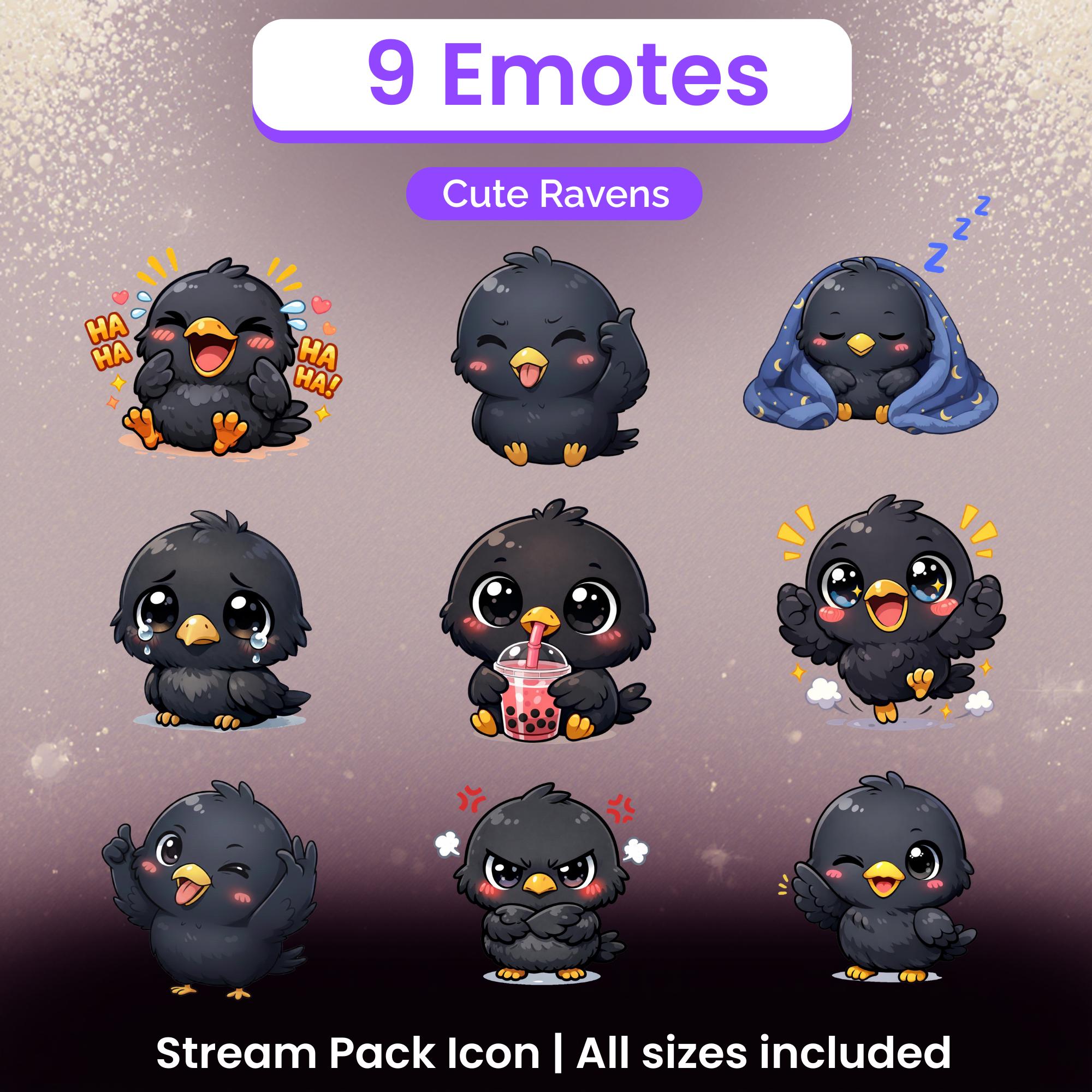 Kawaii Raven Twitch Emote Pack – 9 Dark Chibi Crow Icons for Streamers ...