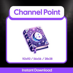 Könnte beinhalten: Digitale Illustration eines Fantasy-Buches mit himmlischem Design. Der Einband ist dunkelblau mit einem Halbmond und Sternen, akzentuiert mit lila Edelsteinen und dekorativen Elementen. Der Text "Channel Point" und "Instant Download" ist ebenfalls sichtbar.