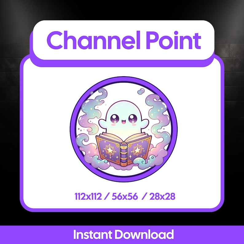 May include: A digital graphic featuring a cute ghost character holding an open book, surrounded by pastel-colored smoke. The text "Channel Point" is at the top, with size dimensions below. "Instant Download" is at the bottom.