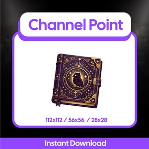 May include: A digital illustration of a purple and gold book with an owl design. The book has intricate gold detailing, a clasp, and a bookmark. The text "Channel Point" is at the top, and "Instant Download" is at the bottom.