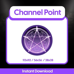May include: A digital graphic featuring a purple pentagram design within a circle, set against a dark background. The text "Channel Point" is at the top, with "Instant Download" at the bottom. Dimensions are listed as 112x112 / 56x56 / 28x28.
