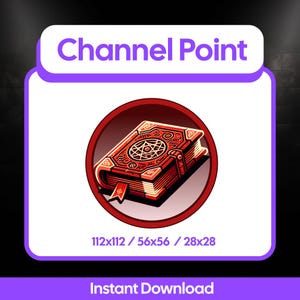 May include: A digital illustration of a red book with intricate gold designs and a pentagram on the cover, set within a red circle. The text "Channel Point" is above the circle, and "Instant Download" is below. The image dimensions are listed as 112x112 / 56x56 / 28x28.