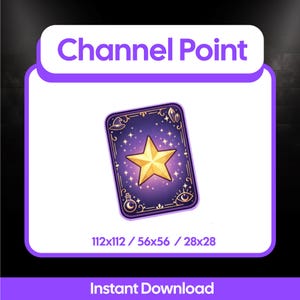 May include: A purple and gold tarot card design with a large gold star in the center, surrounded by smaller stars and celestial elements. The text "Channel Point" is at the top, and "Instant Download" is at the bottom.