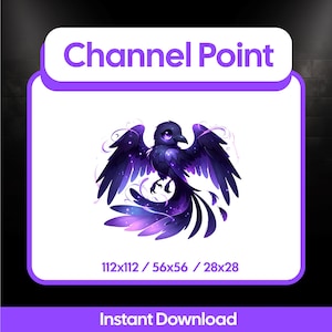 May include: A digital graphic of a stylized raven with a cosmic design. The bird is primarily dark purple with lighter purple and blue accents. The image includes the text "Channel Point" and "Instant Download". The image dimensions are listed as 112x112 / 56x56 / 28x28.