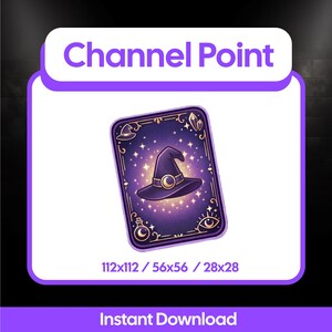 May include: A digital art card with a purple witch hat illustration, surrounded by stars and gold accents. The card is framed in a purple border with the text "Channel Point" at the top and "Instant Download" at the bottom. Dimensions are 112x112, 56x56, and 28x28.
