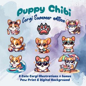Corgi Kawaii clipart zomereditie | Ideaal voor stickers, planners en scrapbooking. Directe download in hoge resolutie