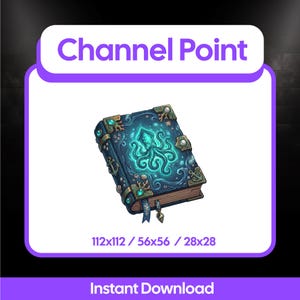 Op de afbeelding: Digitale illustratie van een fantasieboek met een turquoise octopusontwerp op de omslag. Het boek is blauw met gouden accenten en een lint-bladwijzer. De tekst "Channel Point" staat bovenaan en "Instant Download" onderaan.
