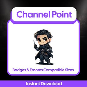 Könnte beinhalten: Digitalgrafik mit einer Cartoonfigur in dunkler Kleidung, die ein Messer hält. Der Text "Channel Point" steht oben, mit "Badges & Emotes Compatible Sizes" und "Instant Download" darunter. Die Figur hat schwarzes Haar und befindet sich auf weißem Hintergrund.