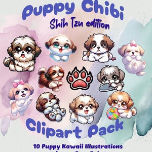 Shih Tzu Puppy Clipart Pack – 10 Kawaii Dog Illustrations + Bonus Paw Print – Cute Dog PNGs for Scrapbooking, Pet Party Decor, Stickers