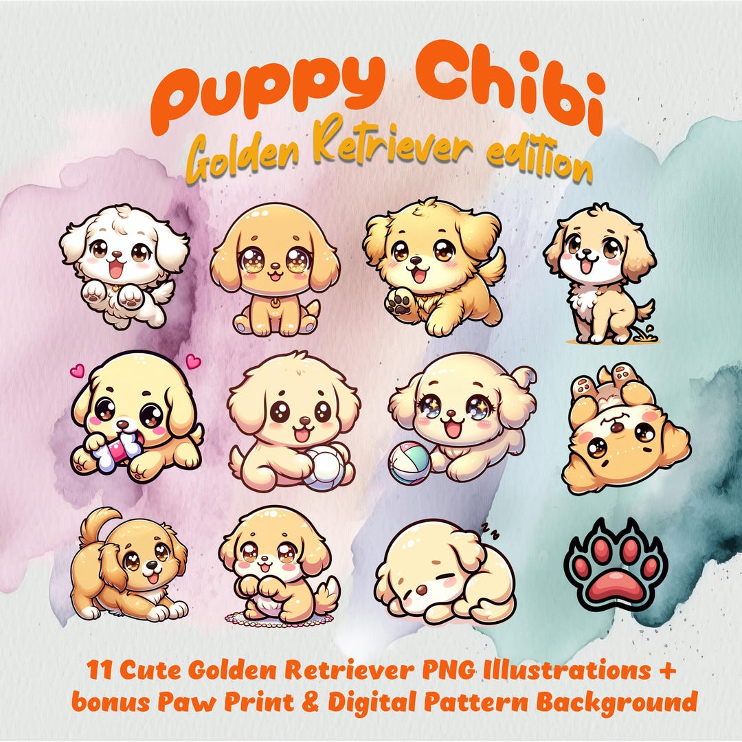 Golden Retriever Puppy Kawaii Clipart Bundle - Fun Dog Pngs - Etsy