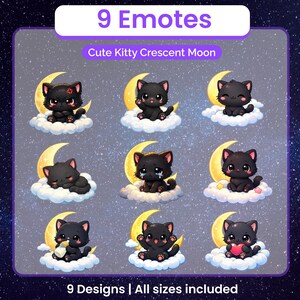 Twitch-emoties zwarte kat | Kawaii Kitty Moon Icon Pack voor Twitch, Discord en Youtube