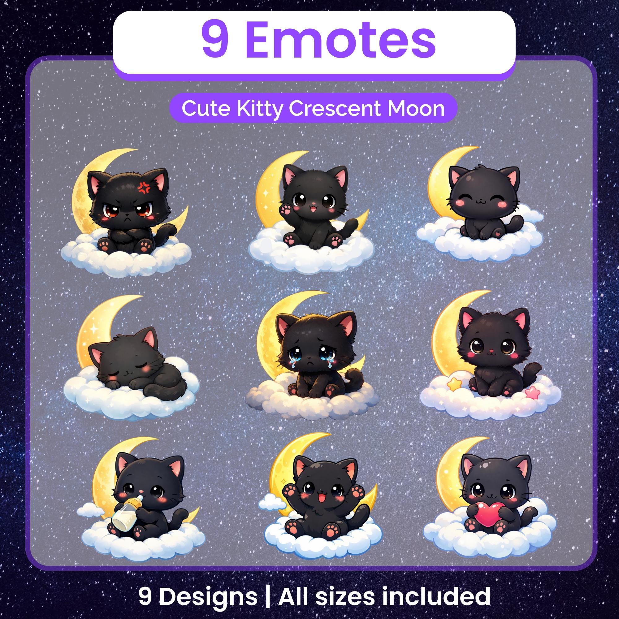 Black Cat Twitch Emotes | Kawaii Kitty Moon Icon Pack for Twitch ...