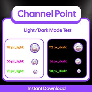 May include: A digital graphic with the text "Channel Point" in purple. The image tests light and dark mode with various sized circular icons of a ghost reading a book. The text "Instant Download" is at the bottom.