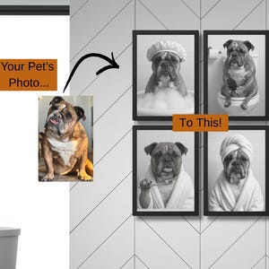 Set of Four Funny Black and White Pet Portrait Bathroom Prints: Custom AI Art (Digital Download)