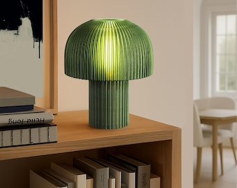 Modern Ribbed Mushroom Green Translucent Table Lamp: Dimmable LED, Made in LA