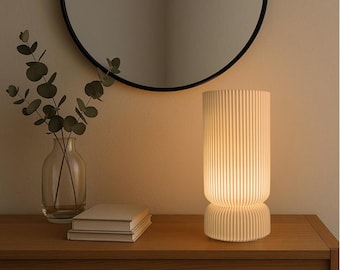 Modern Ribbed White Pillar Table Lamp: Dimmable LED, Made in LA