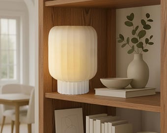 Modern Wide Ribbed White Table Lamp: Dimmable LED Light, Made in Los Angeles