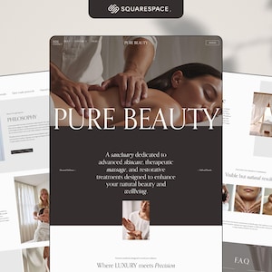 Puede incluir: Una plantilla de sitio web digital para un spa llamado Pure Beauty, con un esquema de color marrón oscuro y blanco. El diseño incluye secciones para filosofía, servicios de hydrafacial y preguntas frecuentes, con imágenes de masajes.