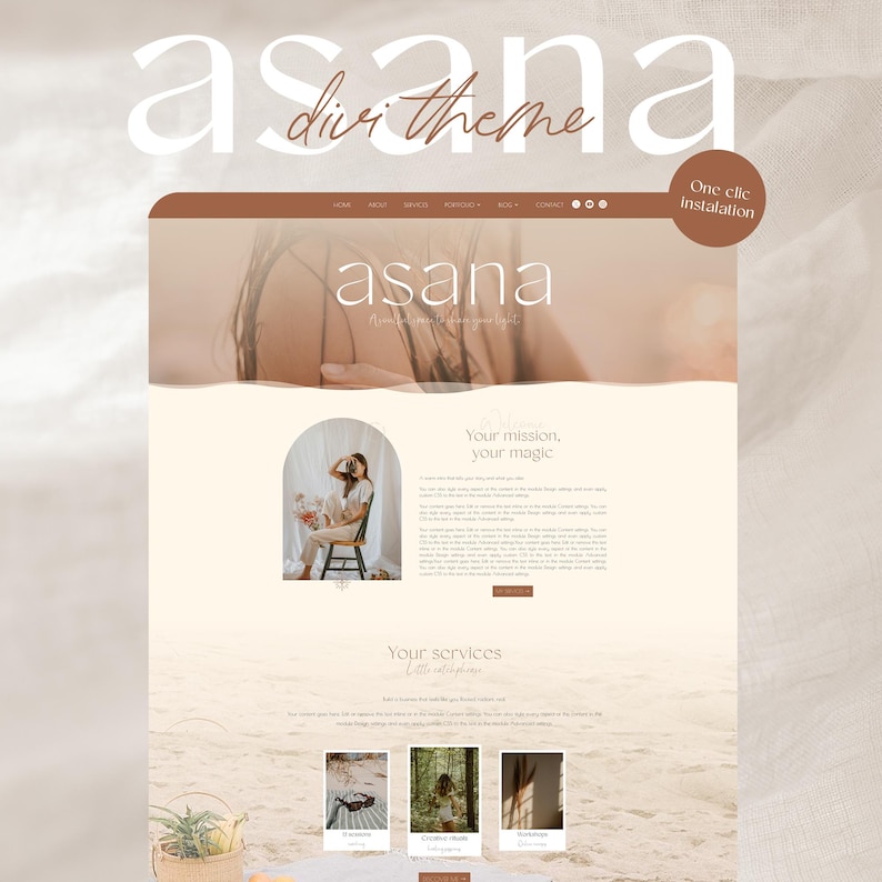 Peut inclure: Un mod&egrave;le de conception de site web aux tons neutres. L'en-t&ecirc;te affiche le mot "asana" dans une grande police &eacute;l&eacute;gante, avec "divi theme" au-dessus. La conception comprend des sections pour les services, le portfolio et un blog, avec un appel &agrave; l'action pour une installation en un clic.