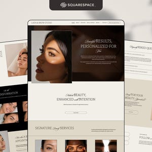 Peut inclure: Un modèle de site web pour un studio de cils et sourcils avec une palette de couleurs neutres, une typographie serif et plusieurs sections incluant About the Studio, Transformation et Frequently Asked Questions avec des images de visages.